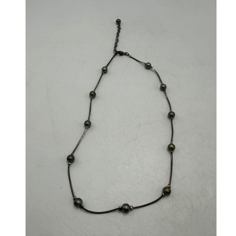Gunmetal Snake Chain Beaded Station Necklace Metallic Green Beads 16-19 Inch